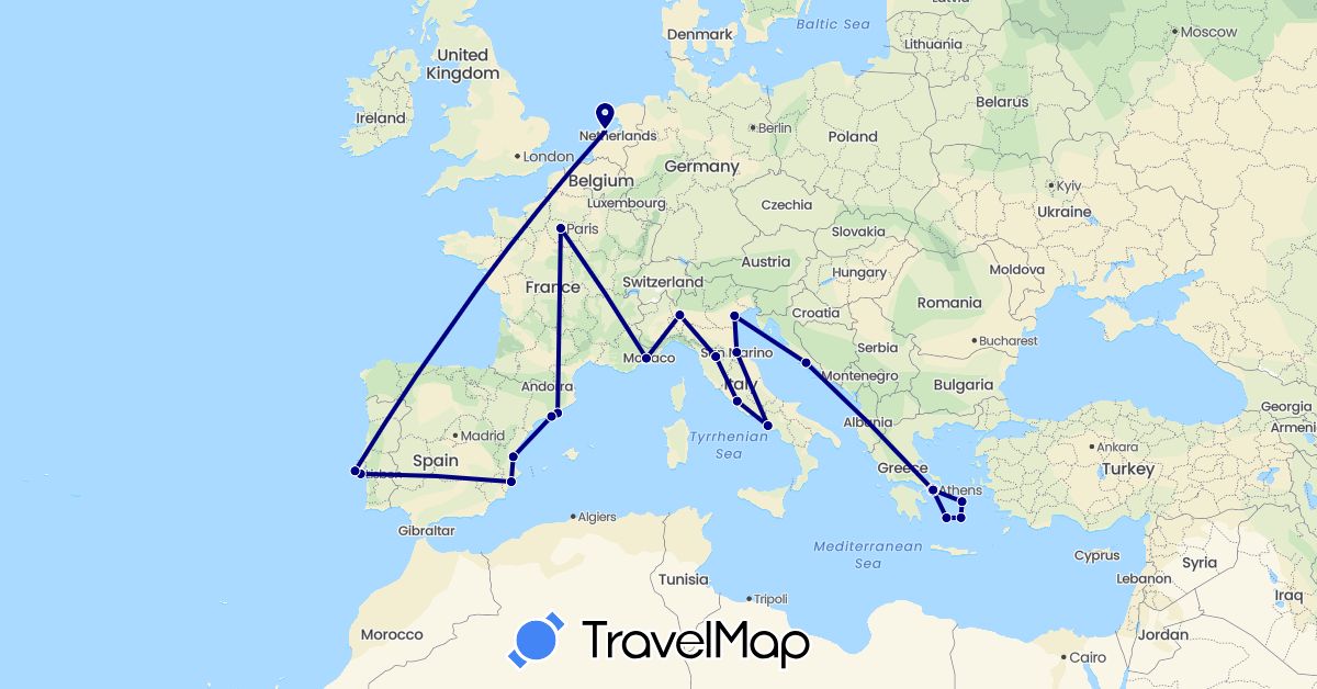 TravelMap itinerary: driving in Spain, France, Greece, Croatia, Italy, Netherlands, Portugal, San Marino (Europe)